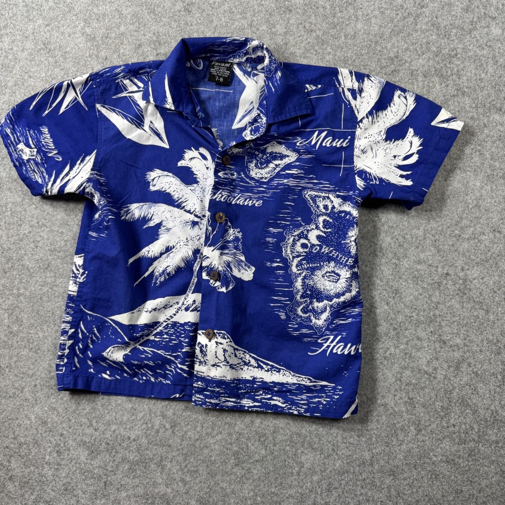Favant Boys Hawaii Aloha Shirt 7-8 Blue Island Map Palm Tree Cotton